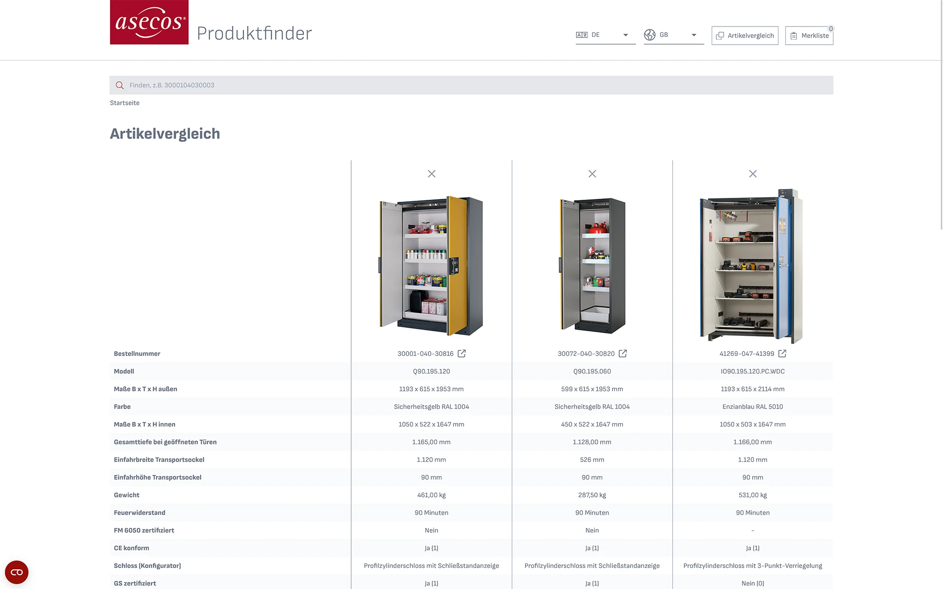 Screenshot des Produktfinder-Artikelvergleichs mit drei Sicherheitsschränken von asecos.